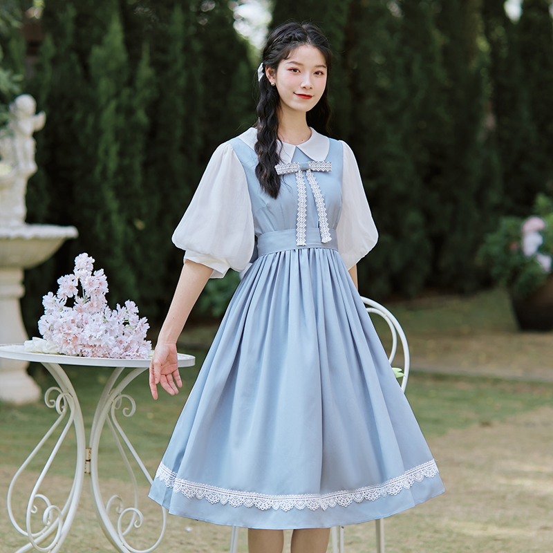 귀여운 일본 귀여운 카와이 드레스, 여성 여름 레이스 스티칭 랜턴 슬리브 귀여운 나비 넥타이 인형 칼라 프레피 스타일 드레스, 2021